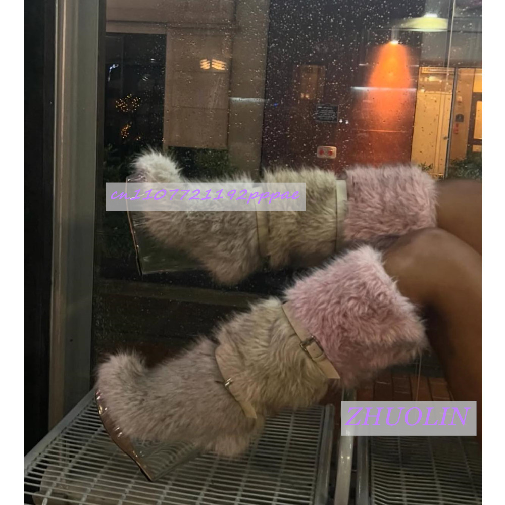 Street Fashion Winter - Зимние меховые прозрачные ботинки на танкетке